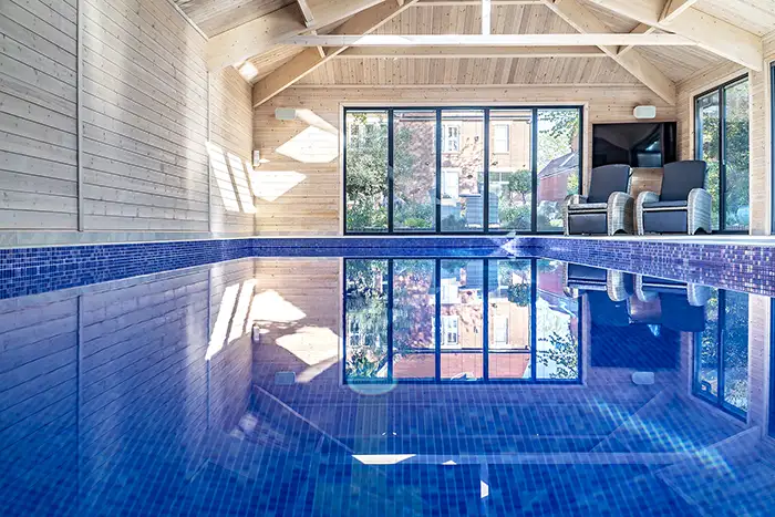 looking across an indoor pool