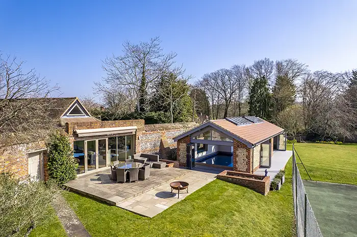 looking down upon a pool house