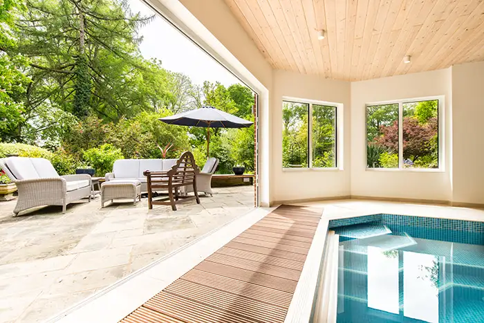 Looking out from the inside of a pool house